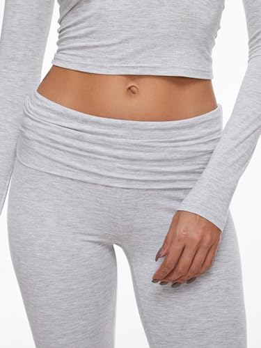 AnotherChill Women's 2 Piece Lounge Sets Fold-over Flare Pants Set Long Sleeve Cropped Top Casual Outfits Pajamas (Light-Gray, Medium) - Image 6