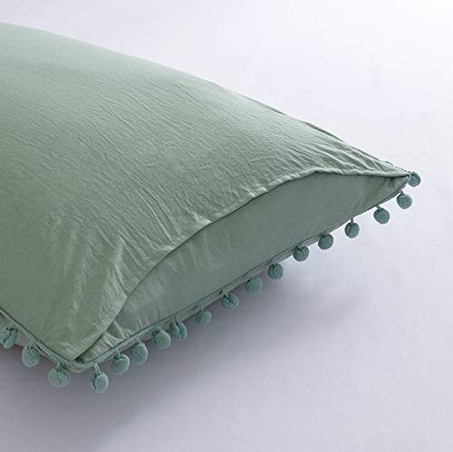 MOVE OVER Sage Green Pom Poms Pillow Case, Green King Pillowcases Set of 2, 100% Washed Microfiber, Sea Green Ball Fringe Pillow Shams King 2 Pack (King, Sage Green)