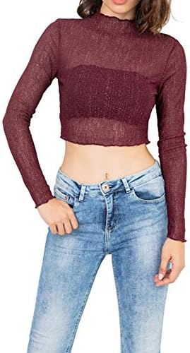 Fasion Women's See Through Lace Mesh Sheer Long Sleeve Crop Top T Shirt Blouse Tee
