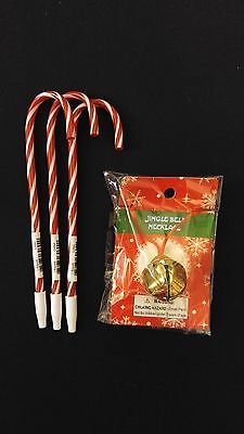 TEACHERS GIFT - GOLD Jingle Bell Necklace + 3 Candy Cane Peppermint Ink Pens