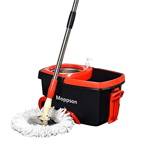 Moppson Bucket Mop Spin Mop Bucket System Stainless Steel Square Bucket Floor Mop Included Easy-press Handle with 2 Microfiber Mop Heads