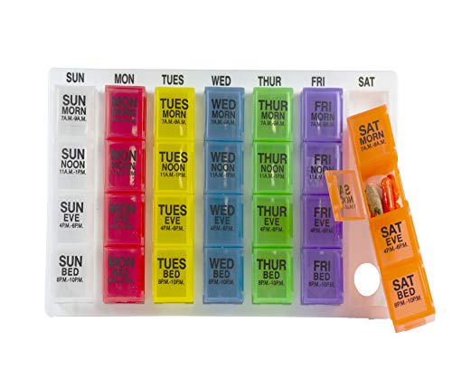 GMS 7 Day Pill Organizer Tray - Large with Removable Daily Pill Boxes with 4 Compartments Each for Storing and Organizing Prescriptions and Other Meds - Rainbow