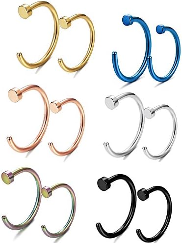 Fystir 18g Nose Rings for Women Men Small Nose Hoop Ring Rose Gold Black 10 Pcs Set 8 mm 10 mm (12PCS)