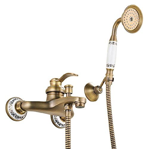 HomeLava Bathtub Faucet with Shower, Retro Brass Single Lever Wall Mounted Shower Mixer Tap Single Lever Bathroom Mixer Tap Brass Wall Mounted