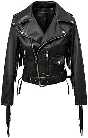 BONAVENTURA -Rock Fitted Black Faux Leather jacket with Long Sleeves and back fringes Sizes: S-L