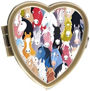 Colourful Cartoon Horses Custom Fashion Bronze Tone Heart Pill Box Medicine Tablet Holder Wallet Organizer Case for Pocket or Purse