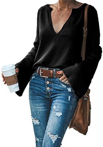 HZSONNE Women's Casual Crew Deep V Neck Kimono Bell Sleeve Loose Fit Solid Pullover Sweater Knitted Jumper Tops Knitwear