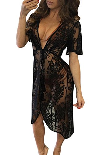 boldgal women's one piece lace tassel cover-up (black)