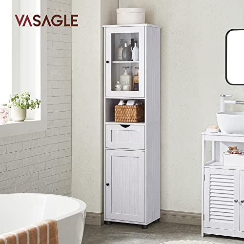 VASAGLE Armário Alto para Banheiro, Armário Estreito, com Prateleira Aberta, Porta de Vidro, Pés Resistentes à Água, Prateleiras com Altura Ajustável, que Economiza Espaço,Branco Ácer BRBBK163T44