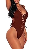 Lovezesent Women's Lace up High Cut One Piece Swim Tank Bodysuit