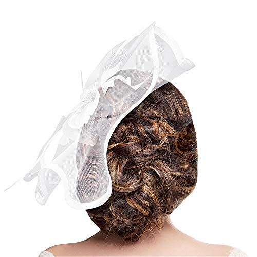 Fascinator Hat Jack & Rose Flower Feather Net Mesh Kentucky Derby Tea Party Headwear with Hair Clip and Hairband for Women or Girls (White)