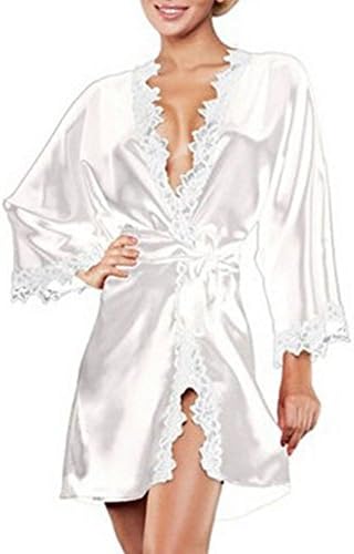 HBTB Women Sexy Lace Satin Silk Nightdress Nightgown Sleepwear Pajamas Robes (White)