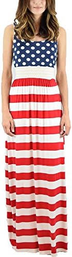 Women's USA American Flag Star Dresses Print Striped Summer Casual Sleeveless Long Maxi Dress GABREBI (White S)