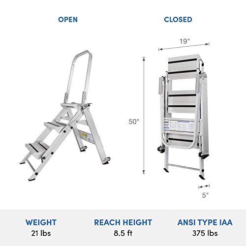 Xtend & Climb WT3 Contractor Series Folding Stool with Handrail, 3-Step, Aluminum - Thumbnail 2