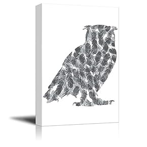 Hoot - Owl and Feather Silhouette - Black and White Exclusive Artwork - Quirky Fun Design - Canvas Art Home Art - 12x18 inches