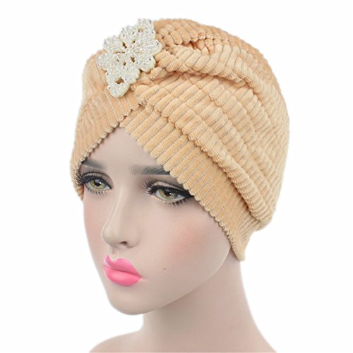 Qhome Women's Plush Pleated Turban Head Wrap with Beaded Diamond Hair Cap