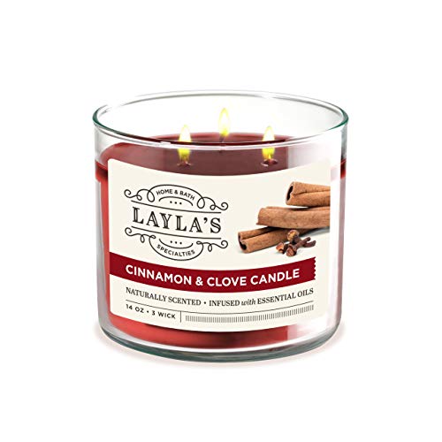 Laylas 3-Wick Scented Candle for Stress Relief, Aromatherapy & Relaxation – Naturally Scented and Infused with Essential Oils -14oz (Cinnamon & Clove)