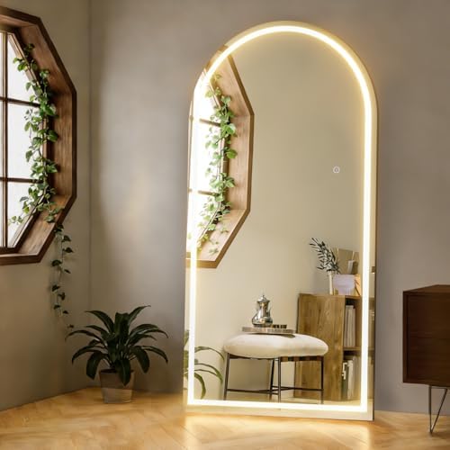 Gewölbter Spiegel in voller Länge mit Beleuchtung, 180x80cm Beleuchteter Bodenspiegel, LED-Spiegel Wandmontiert Dimmbar & 3-Farben-Beleuchtung für Schlafzimmer, Weiß
