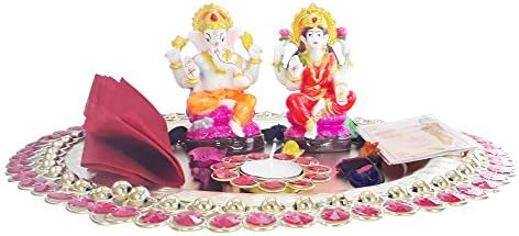 LOF Laxmi Ganesh Idol combo with Designer Metal Tray / thali - Designer Metal Tea light Holder - Fragrant Potpourri and Pooja Samagri For Diwali Festival Pooja