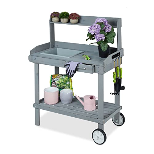 Relaxdays Tavolo da Lavoro per Giardinaggio con Ruote, Vasca e Cassetto, Banco Piante e Fiori, Legno e Plastica, Grigio, Metallo, 120 x 97 x 49 cm