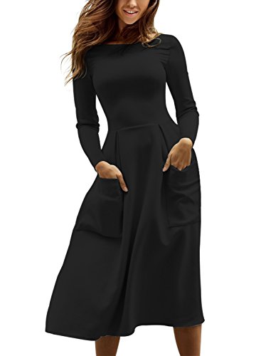 Podlily Woman Formal Crewneck Long Sleeve Pocket Ladies Casual Party Midi Tunic Dress Small Black