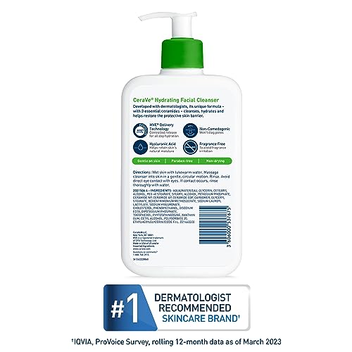 CERAVE HYDRATING FACIAL CLEANSER, MOISTURIZING FACE WASH FOR DRY SKIN, HYALURONIC ACID + CERAMIDES + GLYCERIN, HYDRATING CLEANSER FOR NORMAL TO DRY SKIN, NATIONAL ECZEMA ASSOCIATION CERTIFIED