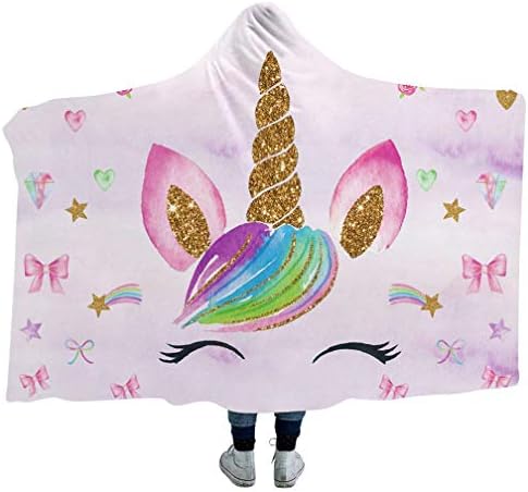 Mexidi Hooded Unicorn Blanket, Kids Girls 3D Cartoon Unicorn Flowers Throw Fleece Sherpa Blanket (Unicorn D, 51x59inch)