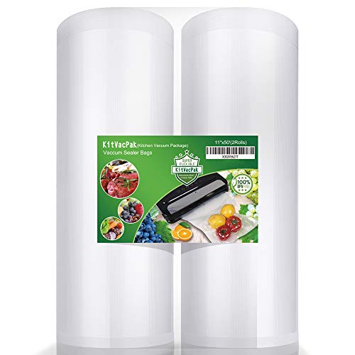 kitvacpak 11x50 paquete de 2 rollos de bolsas para máquina selladora al vacío food saver con calidad comercial, sin bpa, para trabajo pesado rollos de bolsas selladoras al vacío compatibles con foodsaver, weston, geryon y otras máquinas.