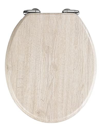 WENKO WC-Sitz Eiche Grau, Toilettensitz mit Absenkautomatik in Holz-Optik, WC-Deckel für sanftes Deckelschließen, mit Fix-Clip Hygienebefestigung, Toilettenbrille aus MDF, 35,5 x 42,5 cm, Hellgrau