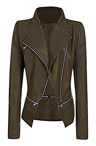 Maze, Women's Faux Leather Multiple Zippers Notch Collar Slim Fit Biker Jacket, Khaki M ,Manufacturer(L)