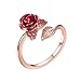 U7 Rose Gold Stacking Band Ring for Cocktail Party Vivid Red Rose Flower Signet Ring, Adjustable 5 to 10