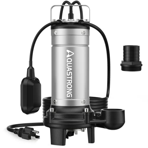 Aquastrong 1HP Sewage Grinder Pump, Stainless Steel, 115V Automatic Float Switch, Cast Iron Impeller, Submersible Effluent/Sewage Pump for Sump Basin, Basement 2'' NPT Discharge, Gray