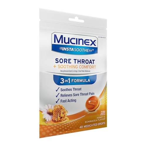 MUCINEX INSTASOOTHE SORE THROAT RELIEF DROPS, SORE THROAT LOZENGES, SORE THROAT MEDICINE WITH HEXYLRESORCINOL, COUGH DROPS ALTERNATIVE, HONEY & ECHINACEA FLAVOR MEDICATED NUMBING THROAT DROPS, 40 CT
