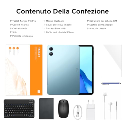 P13 Pro Tablet 13 Pollici, IPS 2.4K, 120Hz,T7280 Octa-Core, 48GB+256GB(TF 2TB), 12000mAh/18W, 16MP+8MP, 4G LTE, Gemini AI Tablet android 16, Face ID/WiFi5/GPS/FM/con Tablets Tastiera e Penna, Blu