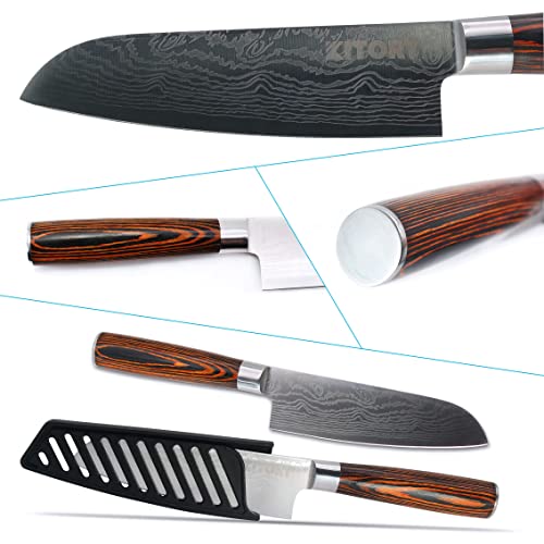 KITORY Santoku Knife 5'' Japanese Chef Knife Damascus Pattern Kitchen