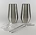 Insulated Double Walled and Vacuum Sealed 16 oz Stainless Steel Elegant Wine Glass Tumbler Set of 2 with Lids and Stainless Steel Straws - No Sweat - No Seams - Enjoy Beer Iced Tea Water Soda Coffee