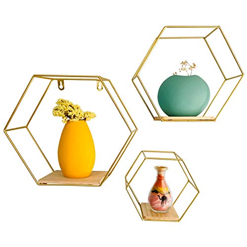 Wall Mounted Floating Hexagon Shelves, Metal Framed Gold Shelves with