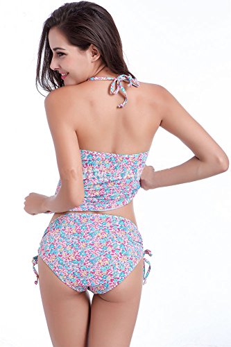 Shawhuaa Womens Floral Ruched Halter Tankini Swimsuit Swimwear Medium Blue-pink