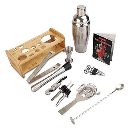Bar Set, WOHOME Cocktail Shaker Bar Tools with Stylish Bamboo Stand- Stainless Steel Bartender Kit Premium Bartendering Tool for Home/Bars/Traveling and Outdoor Parties