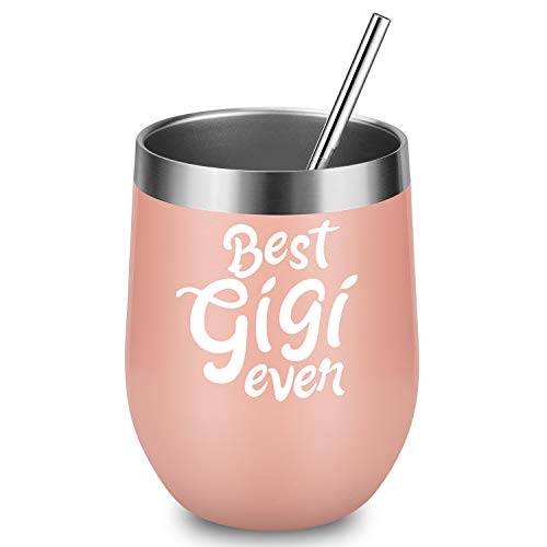 Best Gigi Ever - LEADO 12 oz Stainless Steel Insulated Wine Tumbler with Lid and Straw, Valentine's Grandma Stemless Sippy Cup, Funny Novelty Grandmother Gift for Birthday, Mother’s Day (Blush Gold)