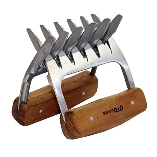 Metal Meat ClawsOTOWARE 18/8 Stainless Steel Meat Forks with Wooden Handle, Best Meat Claws for Shredding, Pulling, Handing, Lifting & Serving Pork, Turkey, Chicken, Brisket (2 Pcs,BPA Free)