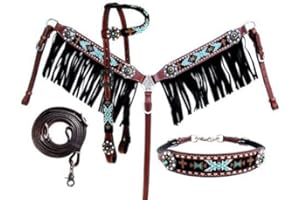 Manaal Enterprises Western Premium Leather Equestrian Trail Hand Carved Tooled Beaded Headstall, Breast Collar, Reins & Withe