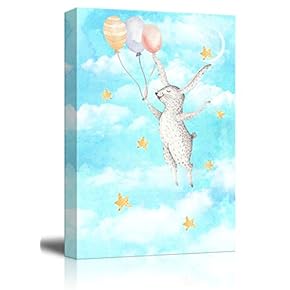 Canvas Wall Art - Hand Drawn Rabbit Flying with Balloons - Giclee Print Kid