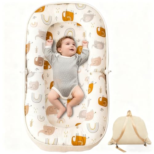 CENXI Baby Lounger, Foldable Infant Nest Pillow with Soft Memory Foam Mat, Cover with Adorable Pattern, Converts to Backpack for Easy Travel, Suit for 0-12 Months Infant (Elephant)