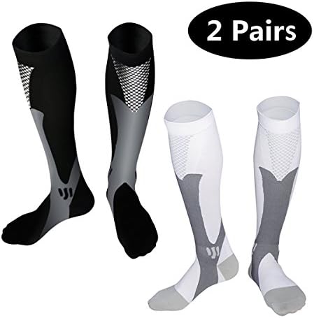 SUNFUNG Graduated Compression Socks 20-30 mmhg For Nurses Cycling Runners Fitness Weight Lifting Maternity Teachers For Men and Women (2 Pairs (1-Pair Black +1-Pair White), XXL)