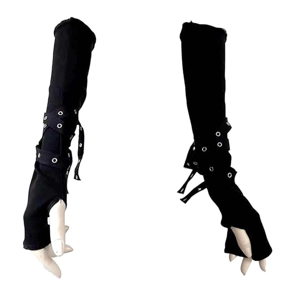 Laroal Black Punk Gloves for Women Girls Arm Warmers Classic Gothic Long Elbow Length Buckles Wristband Hiphop Band Party Gloves Fancy Dress Costume Fingerless Gloves Arm