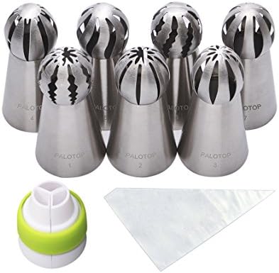 PALOTOP Russian Ball Tips 18-Pcs Set (7 Ball Tips 10 Disposable Pastry Bags 1 Tri-color coupler)