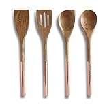 Wood & Copper Serving Spoons Set - Wooden Serving Spoons with Rose Gold Handles - Includes Wood Serving Spoon, Corner Spoon, Wooden Spatula, Wood Turner - Beautiful Copper Serving Utensils