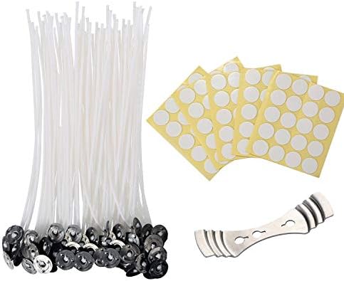 Candle Wicks, 100 Pieces Candle Wicks with 100 Pieces Dots Wick Stickers and 1 Piece Wick Holder, Candle Making Kit (6 Inch)
