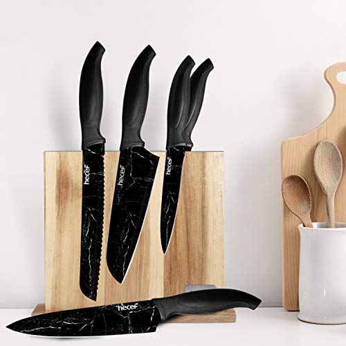 hecef Marble Pattern Kitchen Knife Set of 5, Stainless Steel Blade with Ergonomic Handle（PP+TPR Material）includes Santoku, Chef, Bread, Utility and Paring Knife